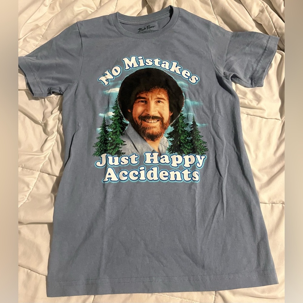 Bob Ross T Shirt Iconic Photo Print Graphic Tee Slate Blue Adult S Unisex NWOT